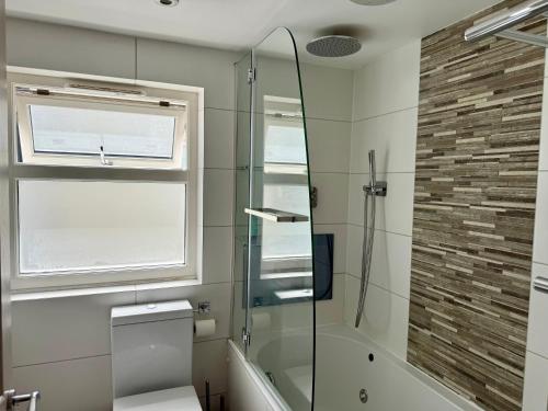 a bathroom with a shower and a toilet and a window at Central London Mansion 2 in London