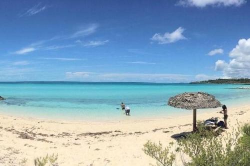 une plage avec un parasol et des gens dans l'eau dans l'établissement Key Lime Cottage home, à Alice Town