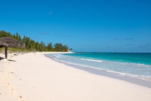 a beach with a straw umbrella and the ocean at Aqua Villa home in Governorʼs Harbour