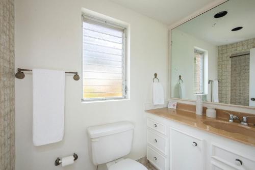 a bathroom with a toilet and a sink and a mirror at Palm Hill House home in Rock Sound