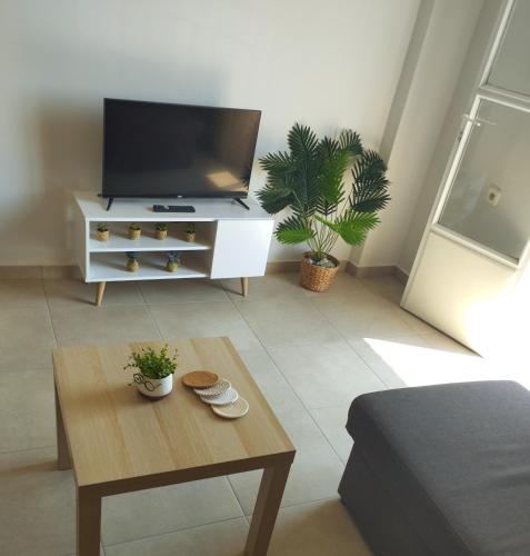 a living room with a tv and a coffee table at Canvista in Leptokaria