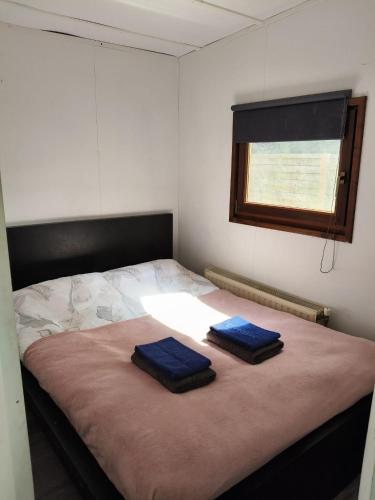a bedroom with a bed with two blue towels on it at Chalet Timber - close to the woods in Anloo