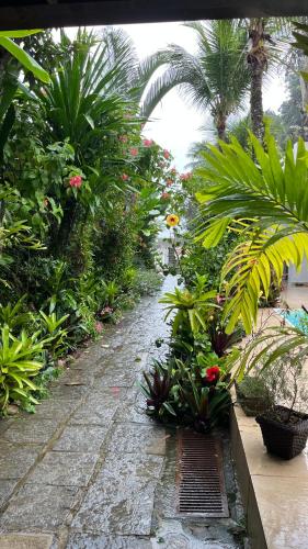 a garden with plants and palm trees and a walkway at GUEST HOUSE Floresta Mar in Angra dos Reis