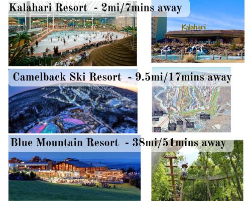 a collage of four pictures of a beach at Hot Tub + Prime Location Chalet in Pocono Summit
