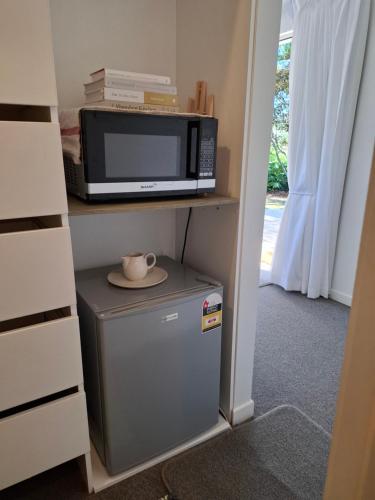 a kitchen with a microwave and a small refrigerator at Chalet Sol in Raglan