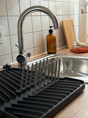 a kitchen sink with a dish drying rack next to it at Ferienwohnung Karschter Reisehäusle in Karlstadt