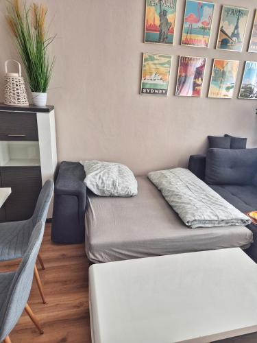 a living room with a bed and a couch at Ferienwohnung Friedrich in Spremberg