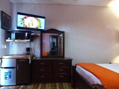 a bedroom with a bed and a dresser with a mirror at Residence Tropical Garden in Boca Chica