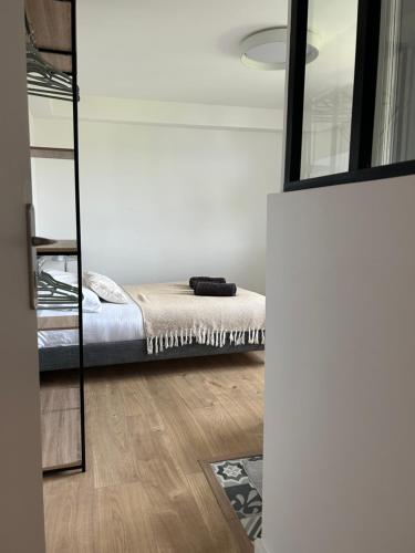 a bedroom with a bed and a mirror at Chambre toute équipée in Lisieux