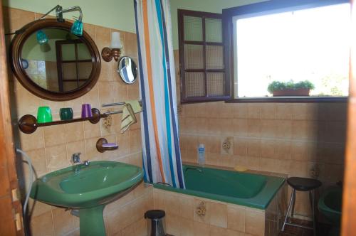 ein Badezimmer mit einem grünen Waschbecken und einem Spiegel in der Unterkunft Chambres d'hôtes Esponde Marie-Jeanne in Saint-Jean-le-Vieux