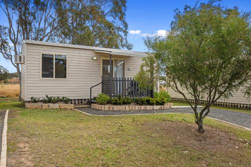 a small house with a tree in front of it at Crows Nest Tourist Park in Crows Nest