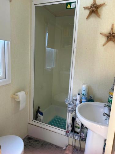 a bathroom with a shower and a sink at Holiday home Golden Palm resort in Chapel Saint Leonards
