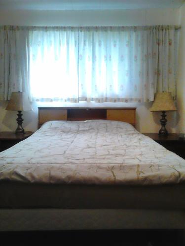 a bedroom with a bed with a window and two lamps at Canora Vacation Home in Canora