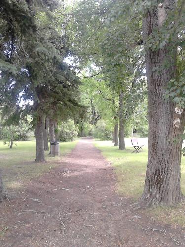 a path in a park with trees and a bench at Canora Vacation Home in Canora