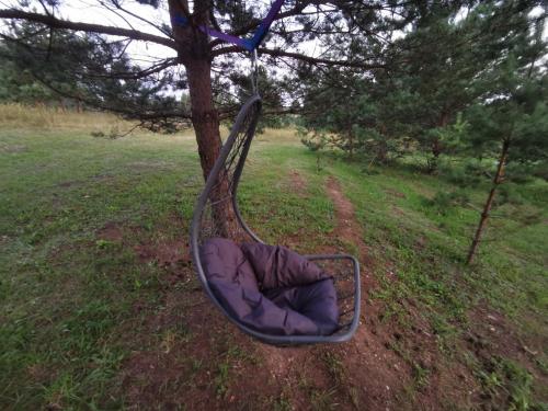 a hammock hanging from a tree in a field at Skubėk Neskubėti in Klykiai