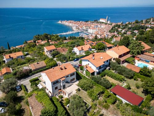 an aerial view of a town with the ocean at Apartment Alba with garden in Piran