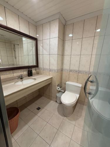 a bathroom with a toilet and a sink and a mirror at Hi-YES HOTEL TAOYUAN in Zhongli