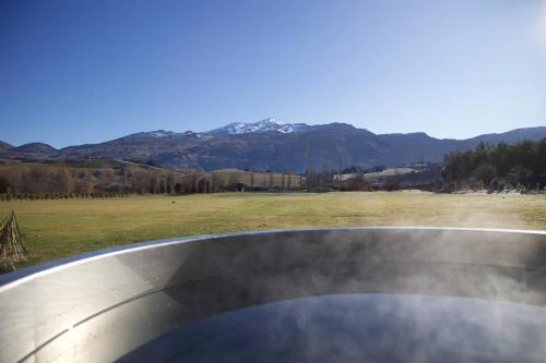 a view of a field with mountains in the background at Coronet View Chalet in Frankton Wharf