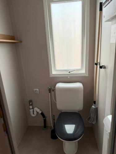 a small bathroom with a toilet with a window at Mobil home B1Bis La Pointe LB in Capbreton