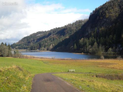 a road in a field with a lake and a mountain at Le chalet du lac d'étival in Étival