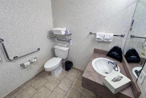 a bathroom with a toilet and a sink at Ramada by Wyndham Sherwood Park in Sherwood Park