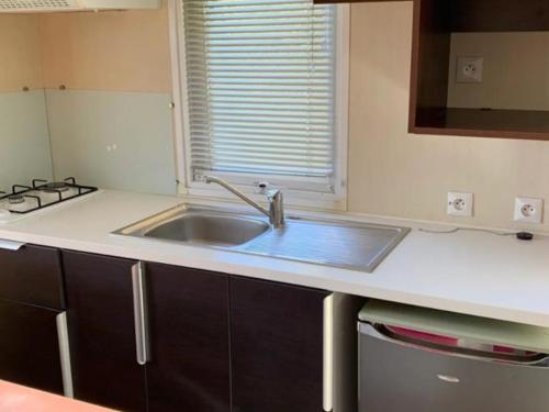 a kitchen with a sink and a stove at Mobil-home 4 Pers avec Terrasse à Limeuil - API-1-52-553 in Limeuil