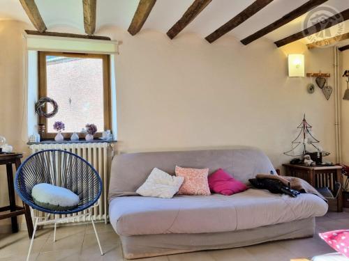 a couch with pillows on it in a living room at Gîte paisible avec jardin privé, cheminée et équipements modernes au cœur du Parc Naturel de l'Avesnois - FR-1-510-98 in Choisies