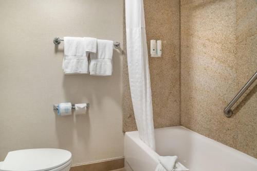 a bathroom with a toilet and a shower with towels at Quality Inn & Suites Next to the Casino in Ceresco