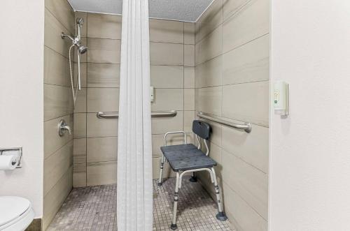 a bathroom with a shower and a chair in it at Quality Inn Lexington in Lexington