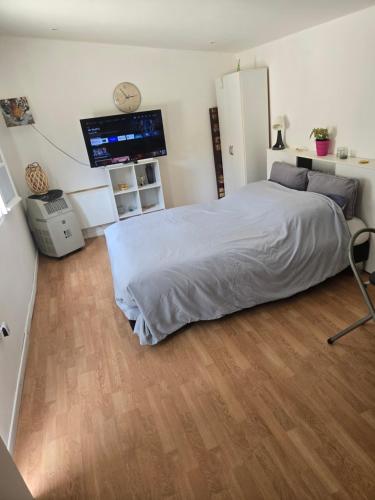 a bedroom with a bed and a tv on the wall at Cabane pas loin de la plage in Cagnes-sur-Mer