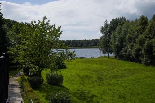 a grassy field with a lake in the background at Ferien Hotel Ostfriesland in Wiesmoor