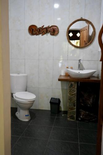 a bathroom with a toilet and a sink and a mirror at Green Travelodge Bukit Lawang in Bukit Lawang