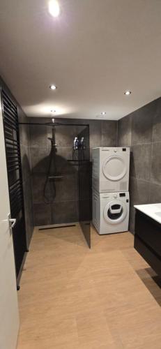 Un baño con lavadora y lavadora. en Casa Bron, en Den Helder