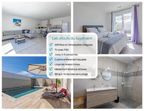 a collage of three pictures of a bedroom and a bathroom at Villa Mery in Béziers