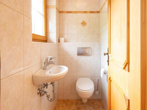 a bathroom with a white toilet and a sink at Welcoming apartment in Stummerberg with terrace in Stummerberg