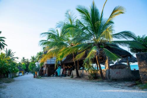 a palm tree next to a building on the beach at Art Hotel Zanzibar in Jambiani
