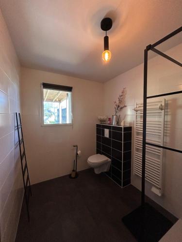 a bathroom with a toilet and a window at Maison de l'écluse in Arzal