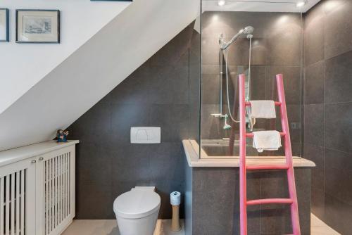 a bathroom with a shower with a pink ladder at Attico Palazzo Giustiniani in Genova