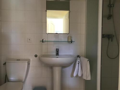 a bathroom with a sink and a toilet and a mirror at Spacious villa with garden and pool in Les Forges