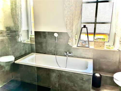 a bathroom with a bath tub and a toilet at Adlershof in Hemmersheim