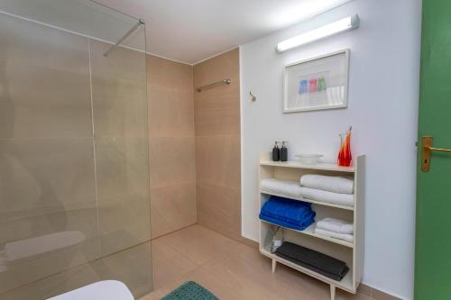 a bathroom with a shower and a glass shower stall at Two Bedroom Garden Cottage in Quiet Street in Limassol