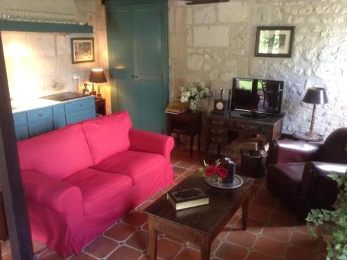 a living room with a pink couch and a tv at Riverside Hideaway in Cinais in La Roche-Clermault