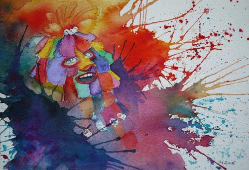 a watercolor painting of a woman with a colorful face at Großzügige und kunstvolle Dachgeschosswohnung in Leichlingen