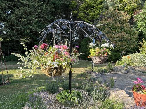 a garden with a basket of flowers in the yard at Woodpaddock Bed & Breakfast in March