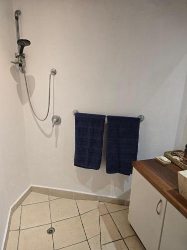 a bathroom with two blue towels hanging on a wall at Angels Beachhouse - Beachfront, fast internet, Queen beds, new owners in Port Vila