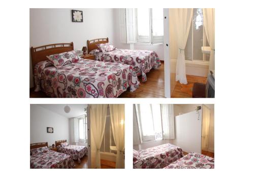 two pictures of a bedroom with two beds and a window at Hostal Bayón in León