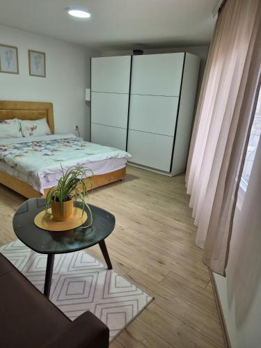 a bedroom with a bed and a table with a plant at Apartmani Bubamara Leskovac in Leskovac