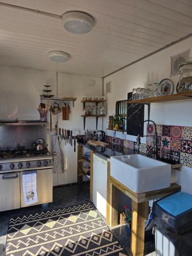 a kitchen with a sink and a stove at Miss Francis Horse Wagon in Looe