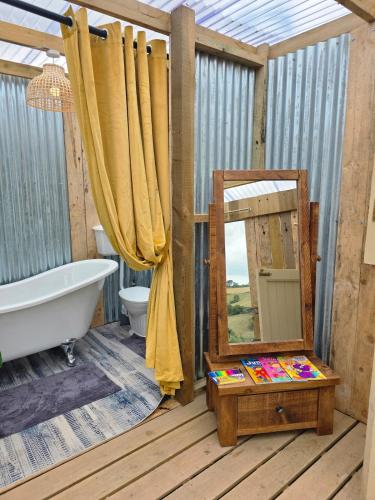 a bathroom with a bath tub and a mirror at Miss Francis Horse Wagon in Looe