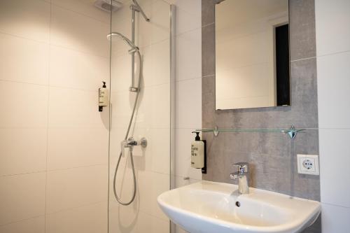 a bathroom with a sink and a shower at Tenthuisje in het groen, een suite met eigen badkamer in Callantsoog